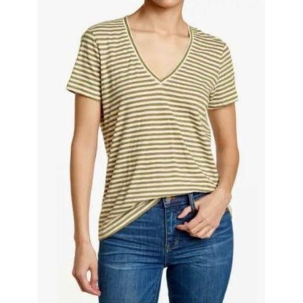 Madewell Women's Whisper Cotton Short Sleeve Stripe V-Neck T-Shirt Green XSmall